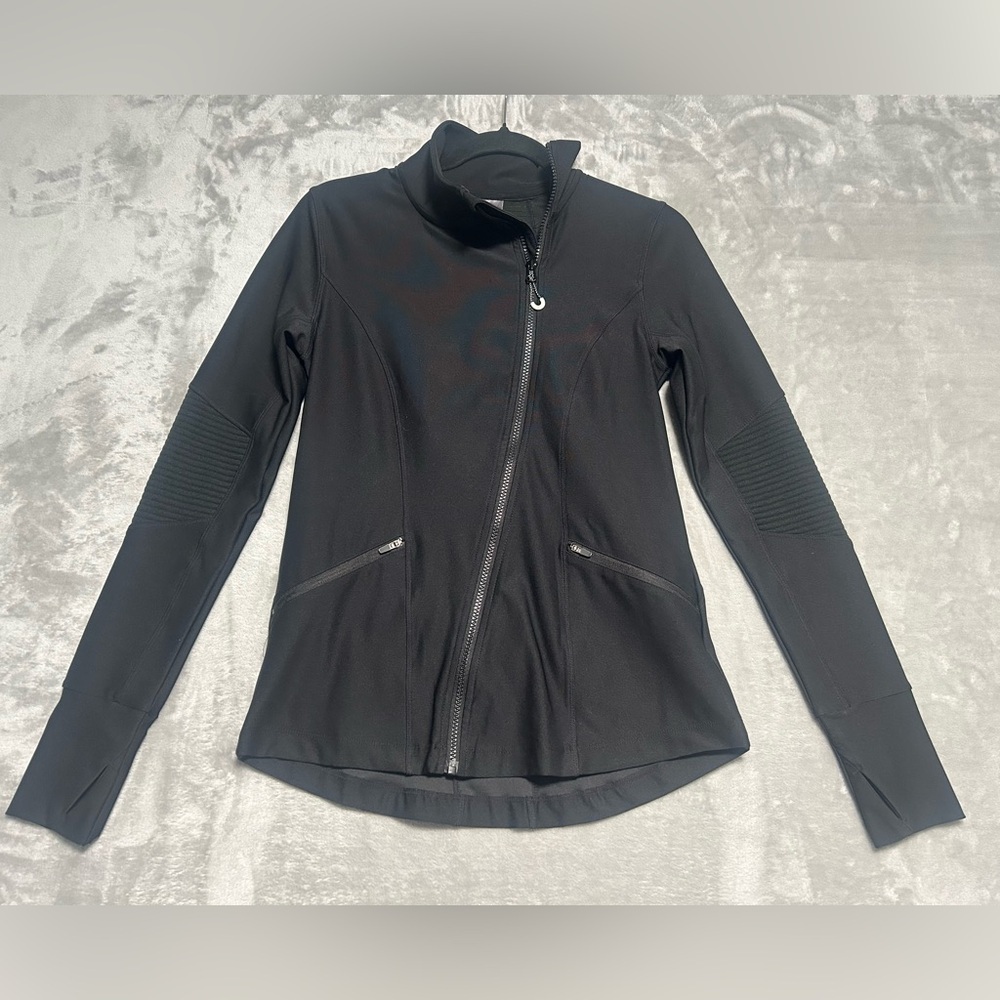 Mondetta Full Zip Form Fitting Jacket Women’s Small Black Funnel Neck Pockets